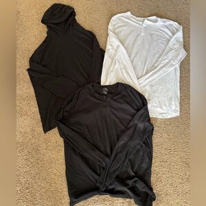 True Classic three long sleeve shirt lot, one with hood, two henley style, 3XL